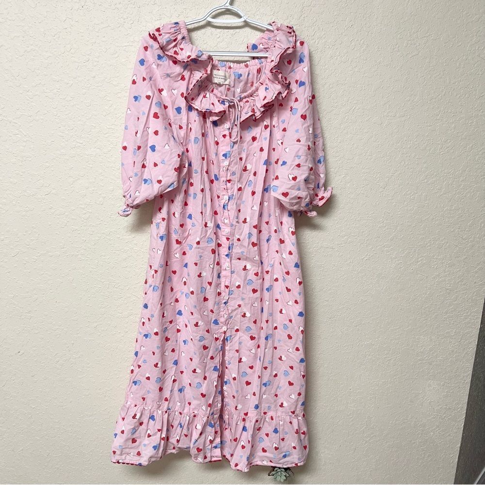 PrintFresh Pencil & Paper Co Midi Heartbreaker Pink Dress Womens Size M Buttoned